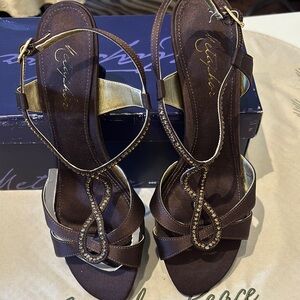 Metaphar Brown Heels with Elegant T-Strap Design